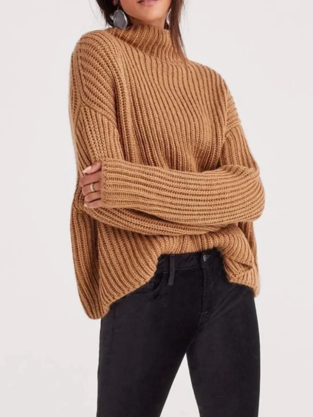 7 For All Mankind Camel Tan Wool Alpaca Blend Chunky Mock Neck Sweater Small